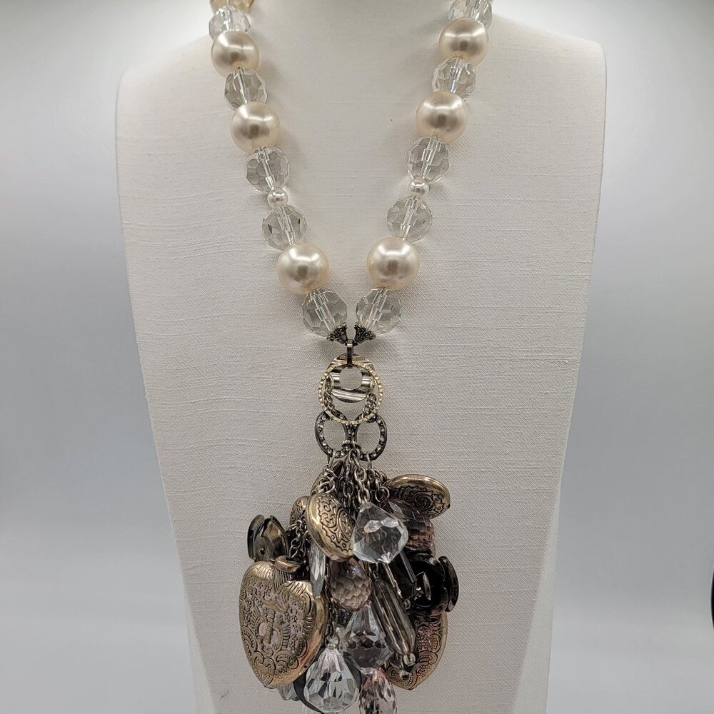 Statement Necklace Large Charms and Faux Pearl and Clear Beads